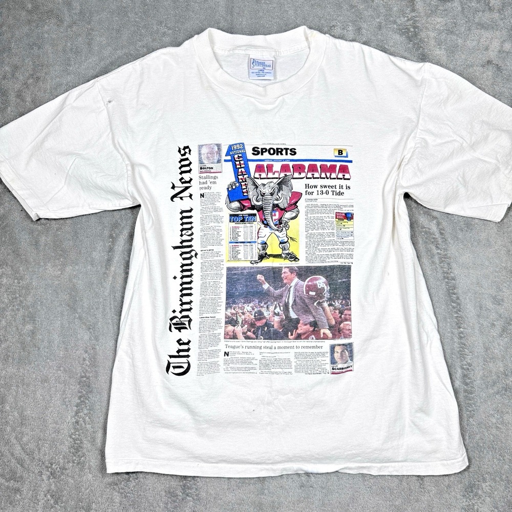 Alabama Crimson Tide T Shirt Men's Large 1992 Birmingham News Graphic White